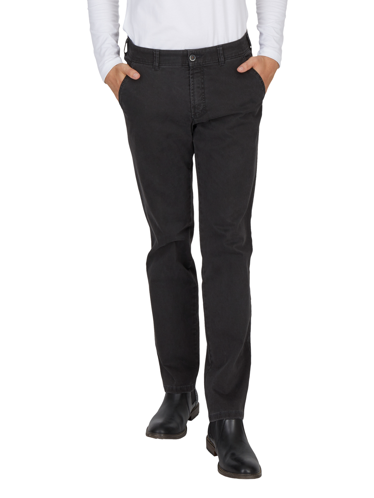 Hose DENVER 7819 in Anthrazit, aus elastischem Baumwoll-Gabardine mit High Stretch, gerade Passform, Komfortbund, Hemdenstopper, normale Leibhöhe, hergestellt von Club of Comfort.