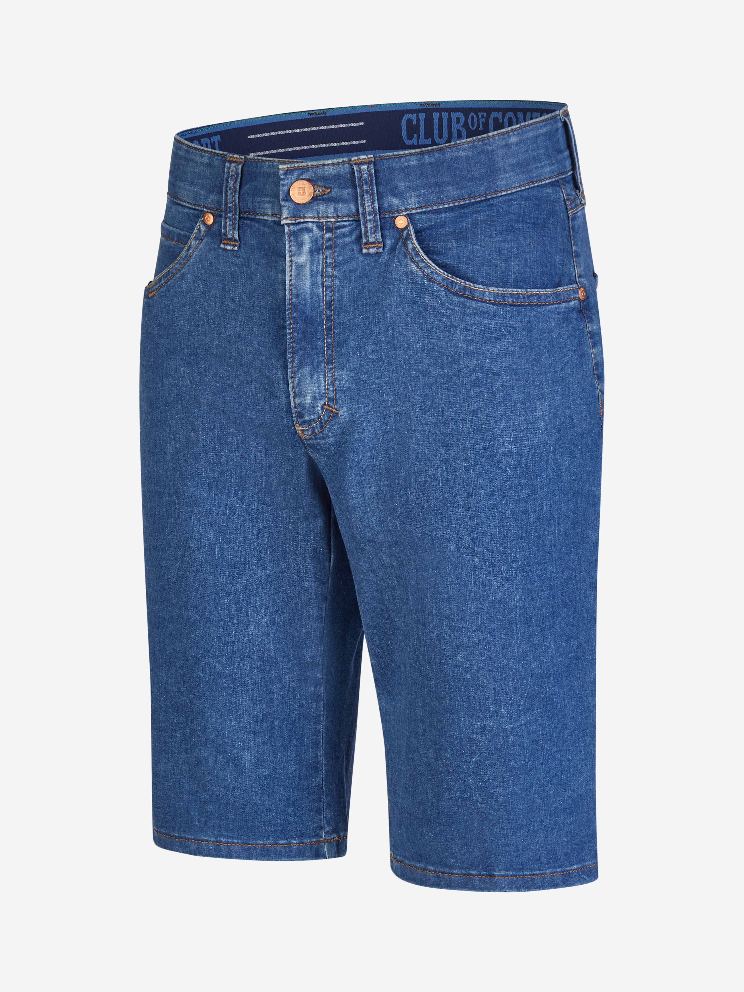 Blaue Bermuda-Shorts ESPANA 6516 von Club of Comfort aus hoch elastischem Super High Stretch-Denim mit elastischem Komfortbund, Hemdenstopper, normaler Leibhöhe, 5-Pocket-Design, straight fit, langlebig, leicht, für Frühling/Sommer, Made in Green by Oeko-Tex.