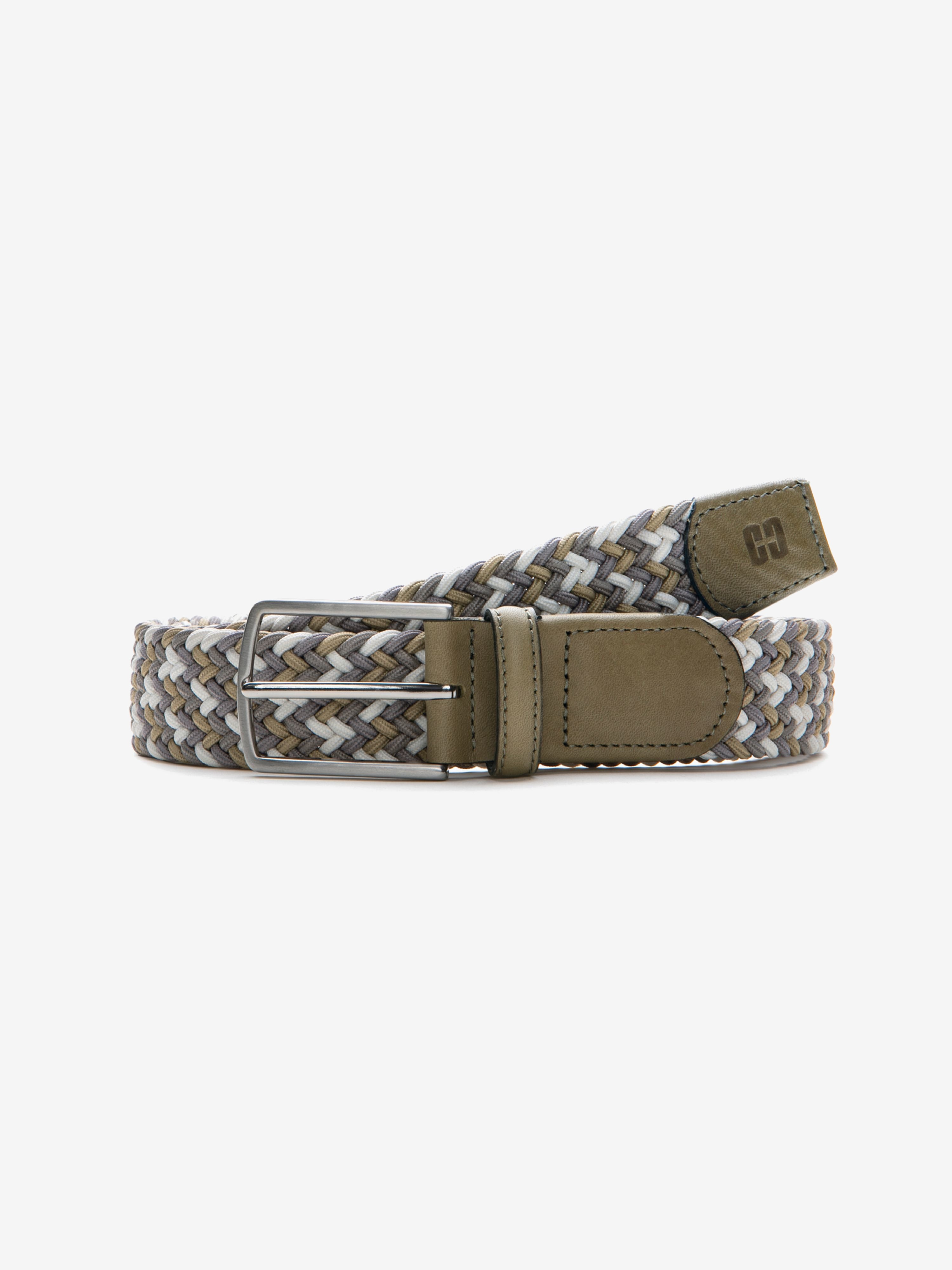 Beiger-blauer Stretch-Gürtel von Club of Comfort mit Two-Tone-Flechtband, Logoprägung in der Lederspitze, silberfarbener Metallschließe, Breite 3,4 cm, Länge 90-125 cm, sportlich, ganzjährig, aus Polyester.