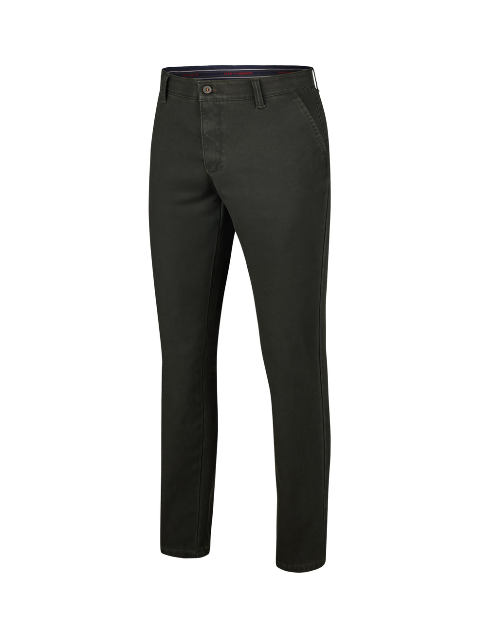 Dunkelgrüne GARVEY 8025 Flat Front-Hose aus High Stretch Baumwolle mit Thermolite-Wärmeisolation, elastischem Komfortbund, Hemdenstopper, normaler Leibhöhe, schmaler Beinverlauf, hergestellt von Club of Comfort, ideal für Herbst/Winter, mit Regular Fit und Chino-Style.