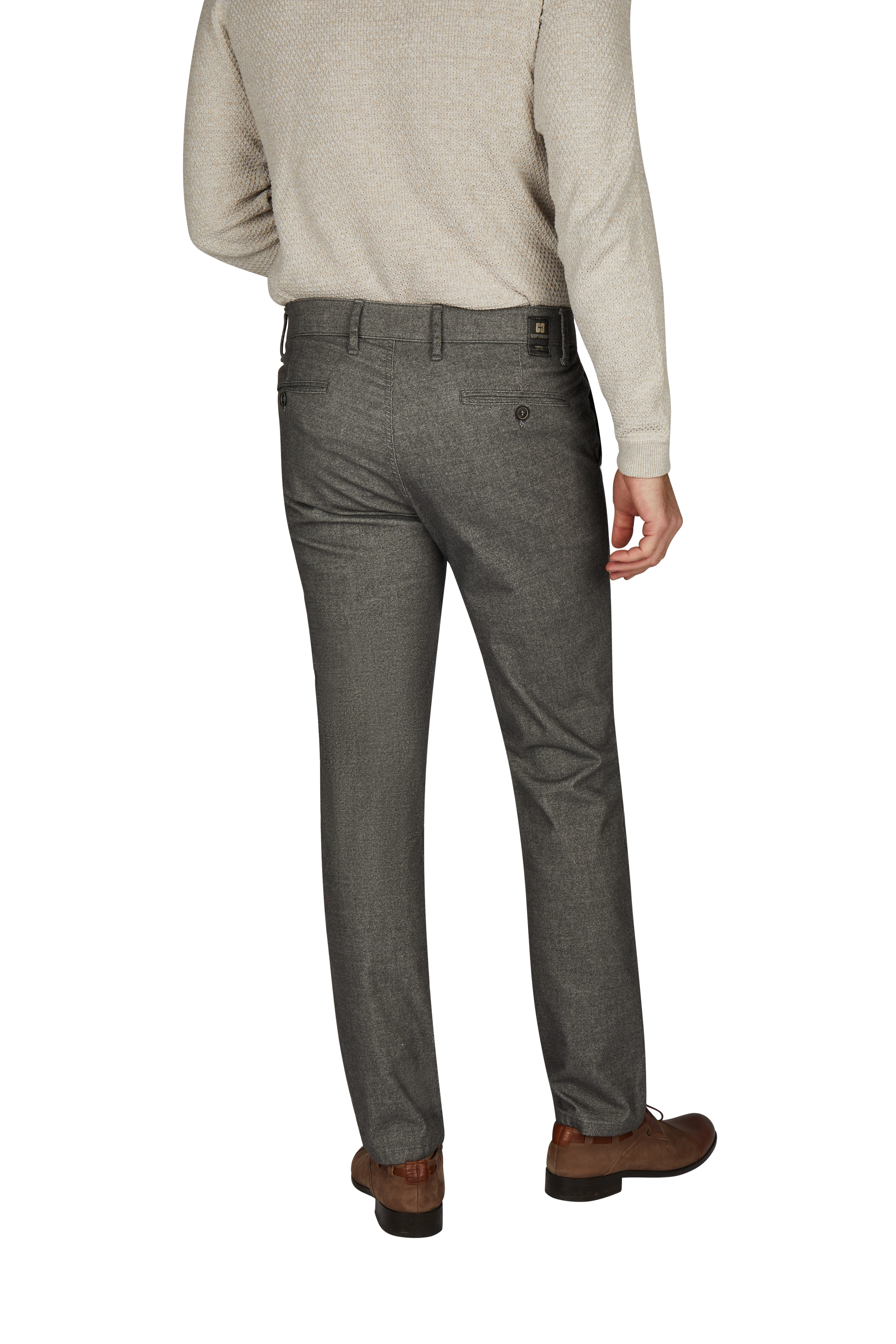 Produktbild einer grauen GARVEY Flat Front-Hose, hergestellt von Club of Comfort. Die Hose hat eine normale Leibhöhe, elastischen Komfortbund, Hemdstopper und schmalere Fußweite für einen schlankeren Beinverlauf. Gefertigt aus Baumwoll-Struktur-Mischgewebe mit Woll-Optik und Melange-Garn, geeignet für Herbst/Winter, mit Stretch und Standard 100 Oeko-Tex.