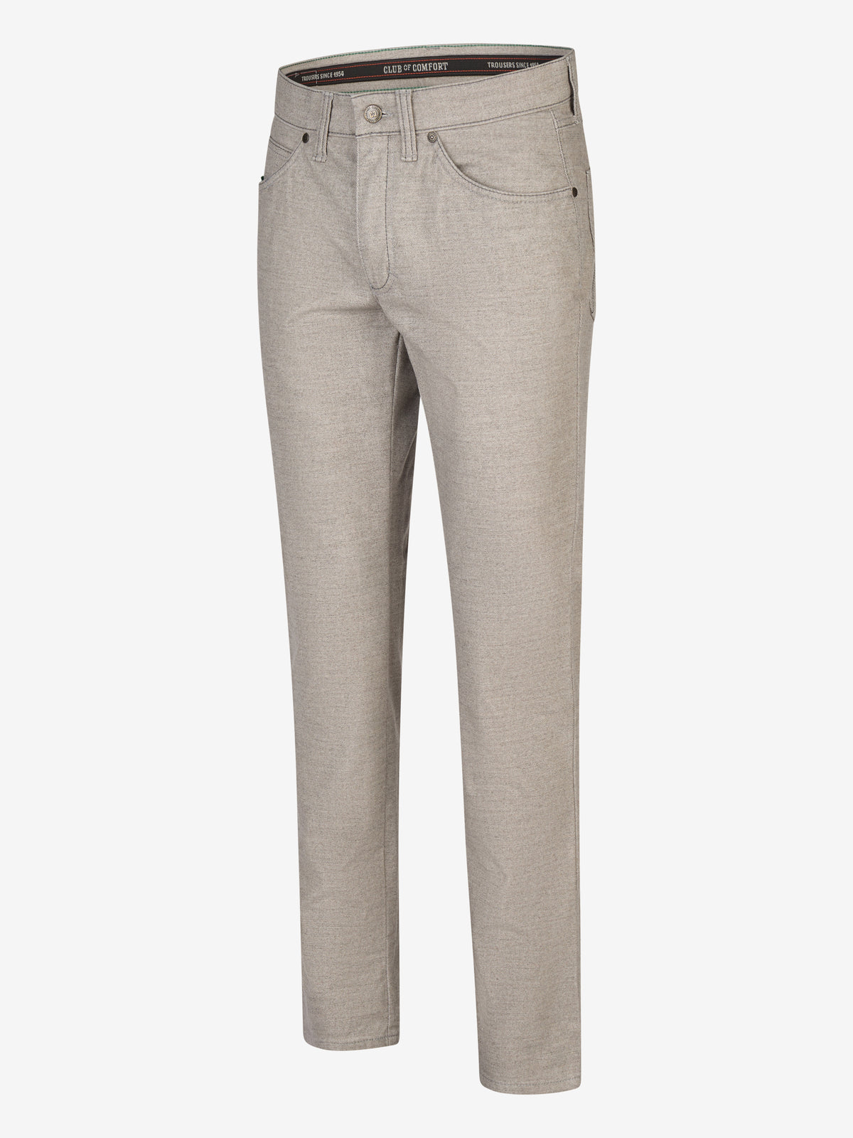 Helle graue 6-Pocket-Hose "Henry 7631" von Club of Comfort mit elastischem Doppelstoffbund, Hemdstopper, separater Mobile Pocket in der rechten Vordertasche, Kontrast-Münztasche, Baumwoll-Mischgewebe mit Woll-Optik, regular fit, schlank geschnitten, für Herbst/Winter.