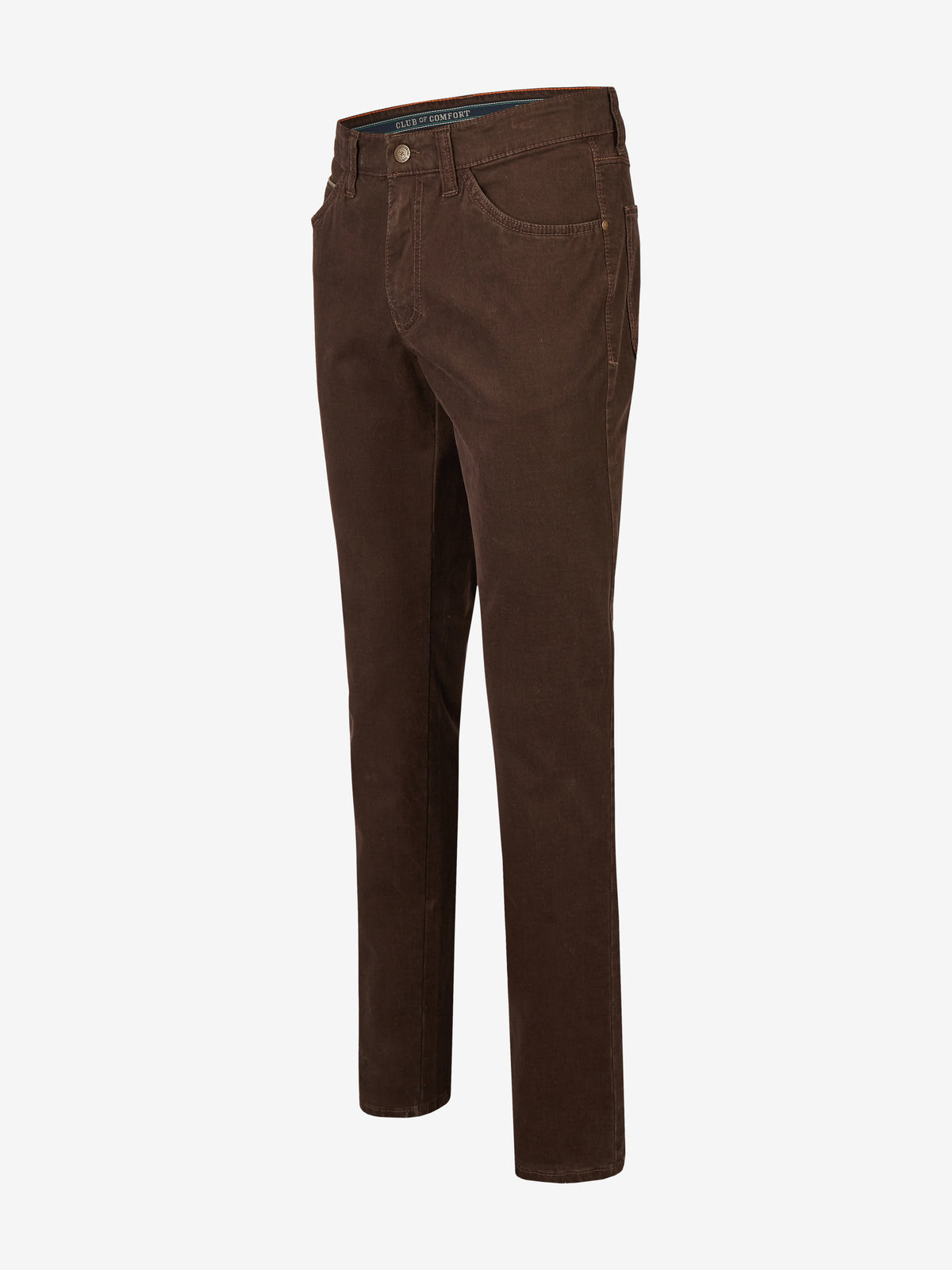 Dunkelbraune Herrenhose HENRY 7612 von Club of Comfort, 6-Pocket mit elastischem Komfortbund, Mobile Pocket in der rechten Vordertasche, aus High Stretch-Baumwolle, normale Leibhöhe, schlankes Bein, ideal für Herbst/Winter, mit Standard 100 Öko-Tex-Zertifizierung.