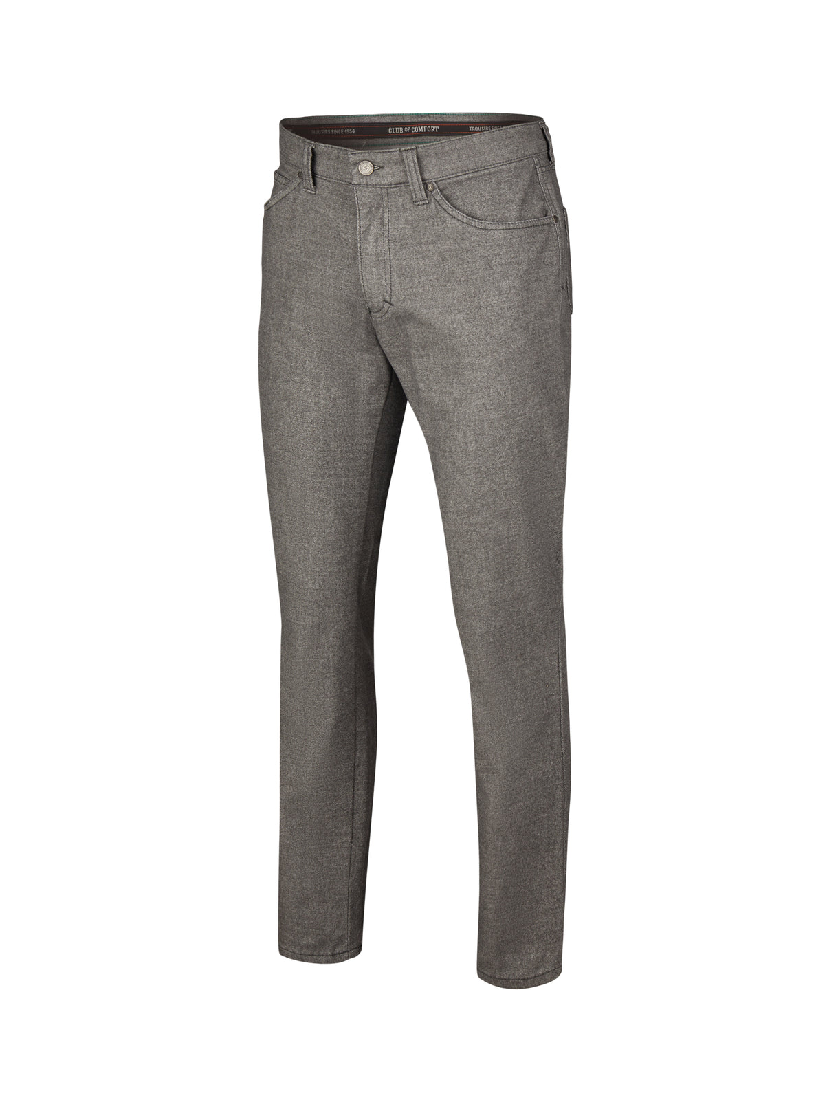 Grau melierte 5-Pocket-Hose von Club of Comfort, mit elastischem Doppelstoffbund, Smartphone- und Münztasche, langlebigem Baumwoll-Woll-Mix, Regular Fit, Komfortbund, geeignet für Herbst/Winter, weiteres detailreiches Produktbild.