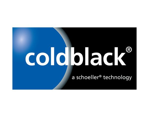 Das Logo zeigt den Schriftzug "coldblack" in weiß auf einem schwarzen Hintergrund, mit einem blauen Halbkreis auf der linken Seite, der einen leuchtenden Schein enthält. Darunter steht in kleinerer Schrift "a schoeller® technology".