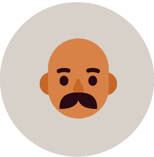 Emojisymbol eines Mannes mit brauner Hautfarbe, Bart und Schnurrbart, glatzkopf, mit einfachen schwarzen Augen und Brauen, vor einem hellgrauen Hintergrund.