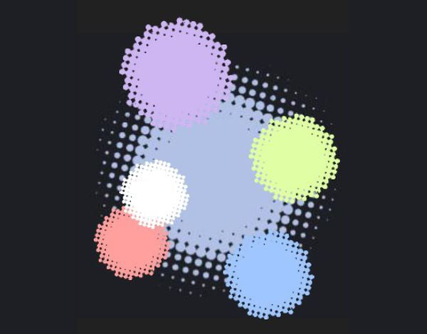 Ein digitales Bild mit einem schwarzen Hintergrund, auf dem fünf große, pastellfarbene Kreise in verschiedenen Farben (hellviolett, hellgrün, hellrot, hellblau, weiß) in einem Punktmuster angeordnet sind. Die Kreise sind unterschiedlich groß und leicht überlappend, mit einer pixeligen, halbklaren Ästhetik.