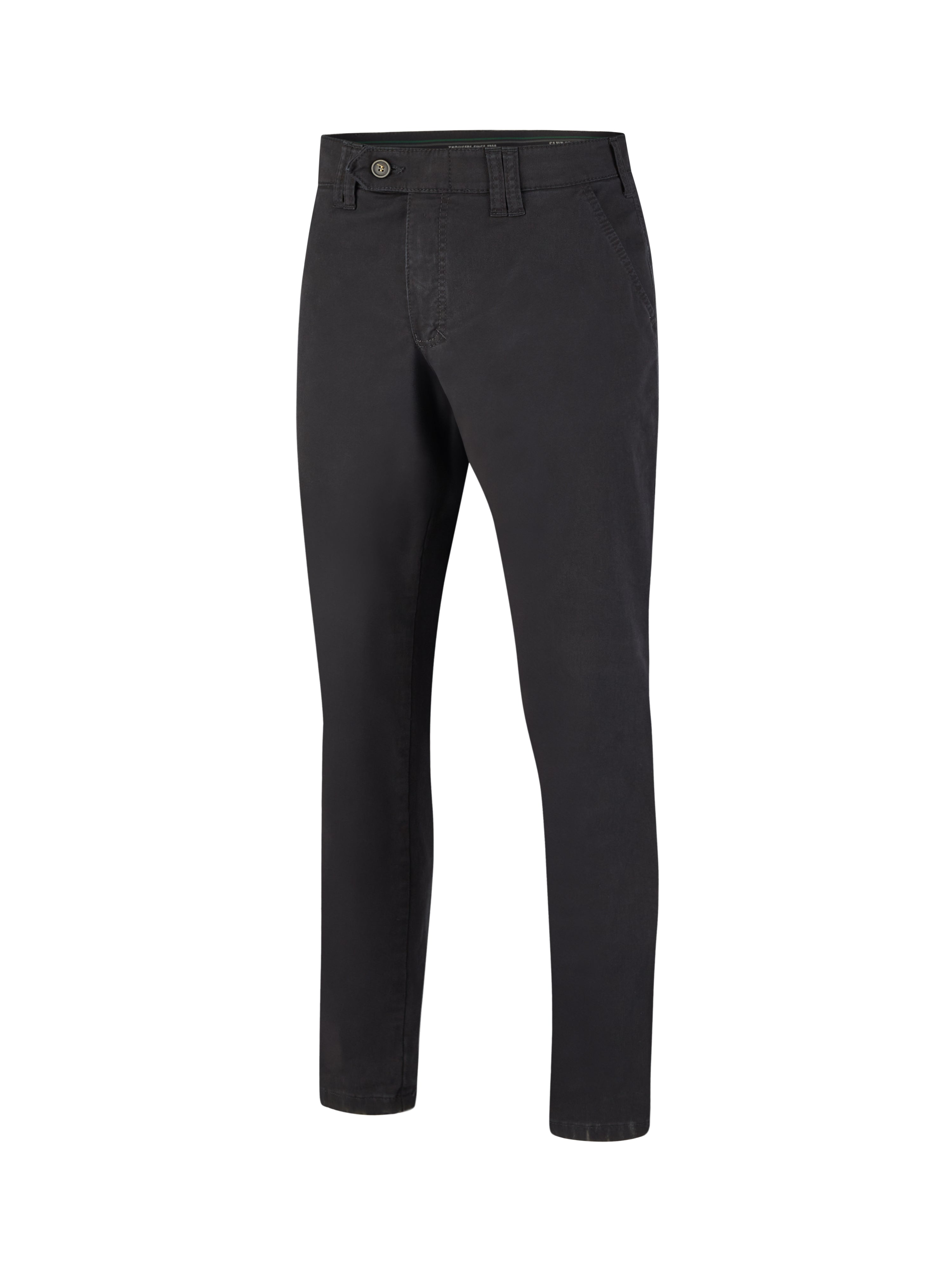 Dunkelblaue DENVER 4402 Flat Front-Hose aus Baumwolle mit High Stretch, elastischem Komfortbund, Hemdstopper, geradem Bein, Sicherheits-Reißverschluss-Tasche auf der rechten Rückseite, normaler Leibhöhe, made in Green by Oeko-Tex, für einen gepflegten, legeren Look.