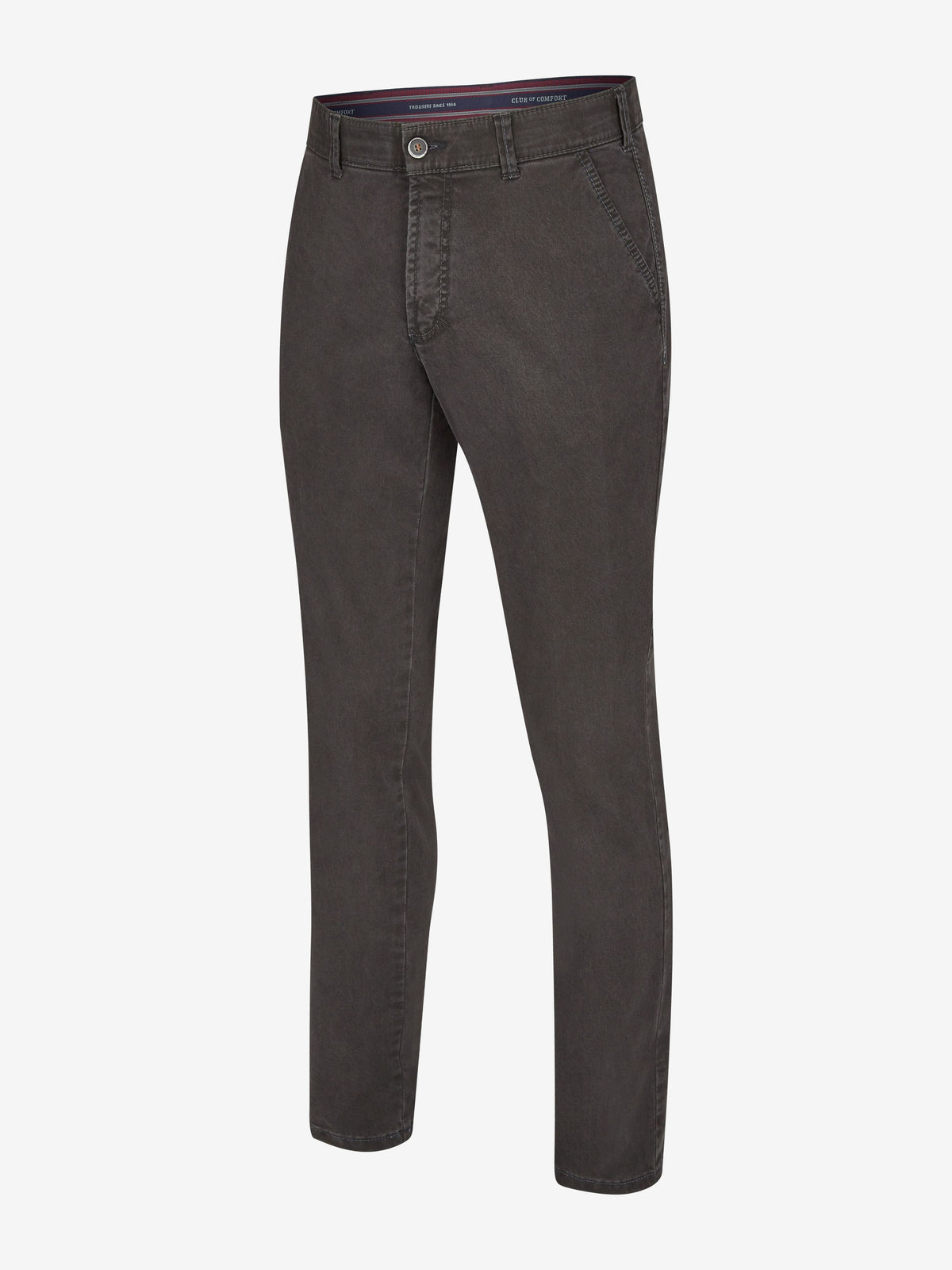 Anthrazitfarbene DENVER 7819 Flat Front-Hose von Club of Comfort, aus hochelastischem Baumwoll-Gabardine mit High Stretch, mit elastischem Komfortbund, Hemdenstopper und geradem Bein, normaler Leibhöhe, für Herbst/Winter, Made in Green by Oeko-Tex.