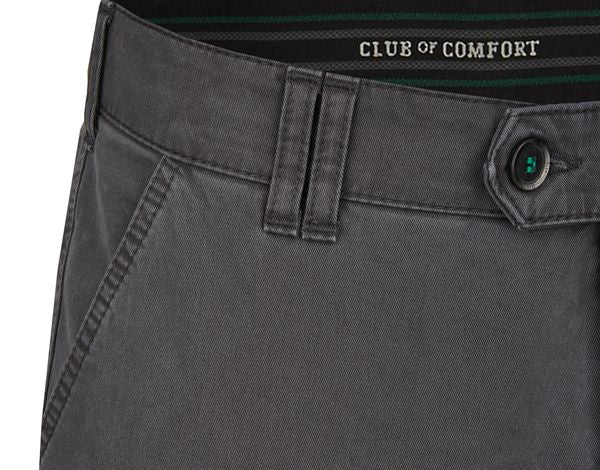 Nahaufnahme eines grauen Hosenbundes mit Gürtel-Schlaufe, Knopf und dem Text "CLUB OF COMFORT" auf der Innenseite. Die Hose hat eine schräg verlaufende Tasche und stabile Nähte.