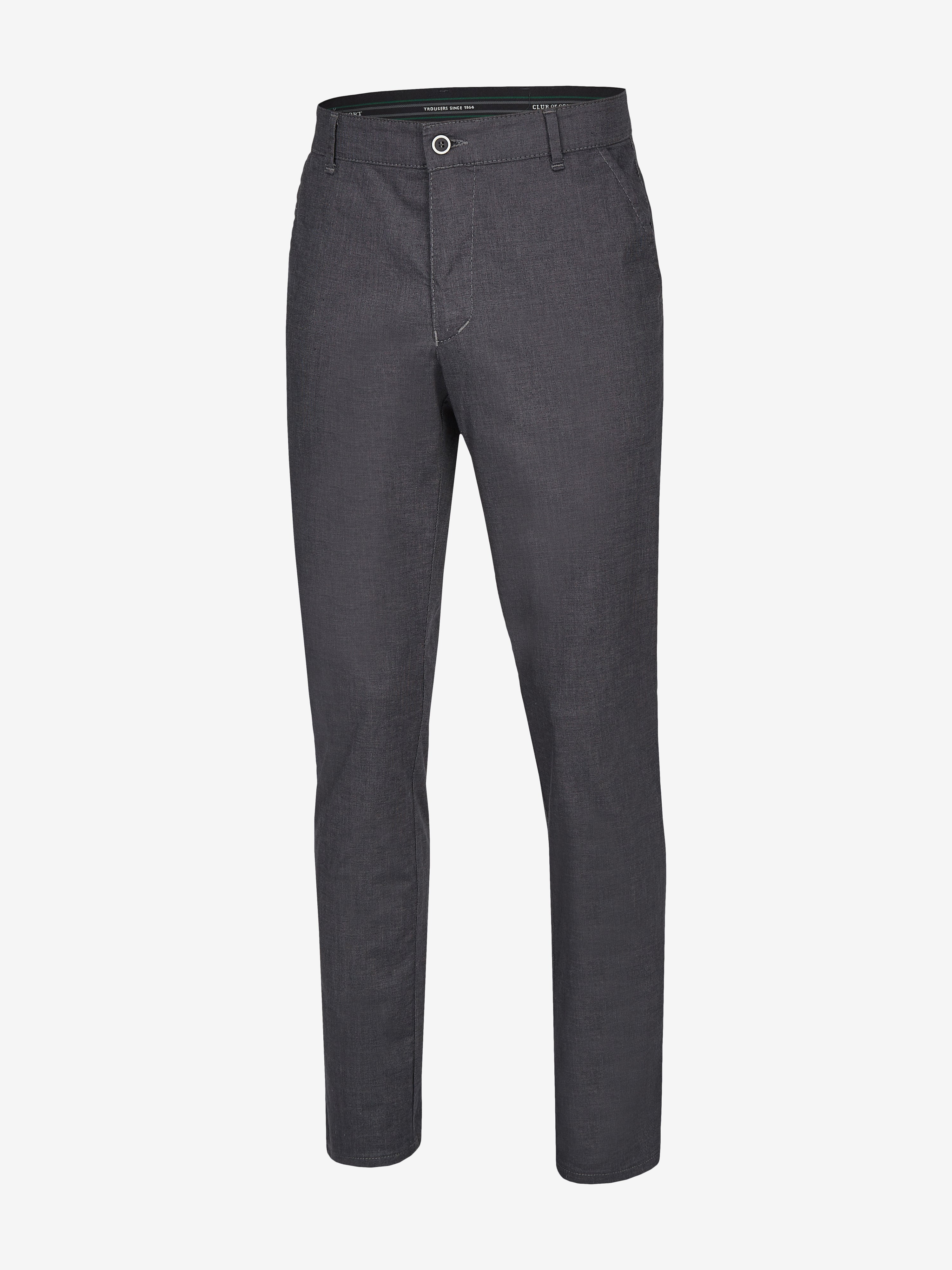 Gerade, anthrazitfarbene Flat Front-Hose mit elastischem Komfortbund und Hemdstopper, aus Baumwoll-Mikrostruktur in Woll-Optik, mit normaler Leibhöhe, schmaler Fußweite, Regular Fit, hergestellt von Club of Comfort, ideal für Frühjahr/Sommer.