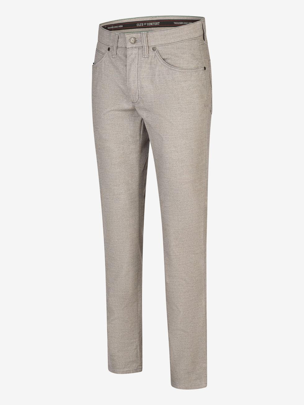 Helle graue 6-Pocket-Hose "Henry 7631" von Club of Comfort mit elastischem Doppelstoffbund, Hemdstopper, separater Mobile Pocket in der rechten Vordertasche, Kontrast-Münztasche, Baumwoll-Mischgewebe mit Woll-Optik, regular fit, schlank geschnitten, für Herbst/Winter.