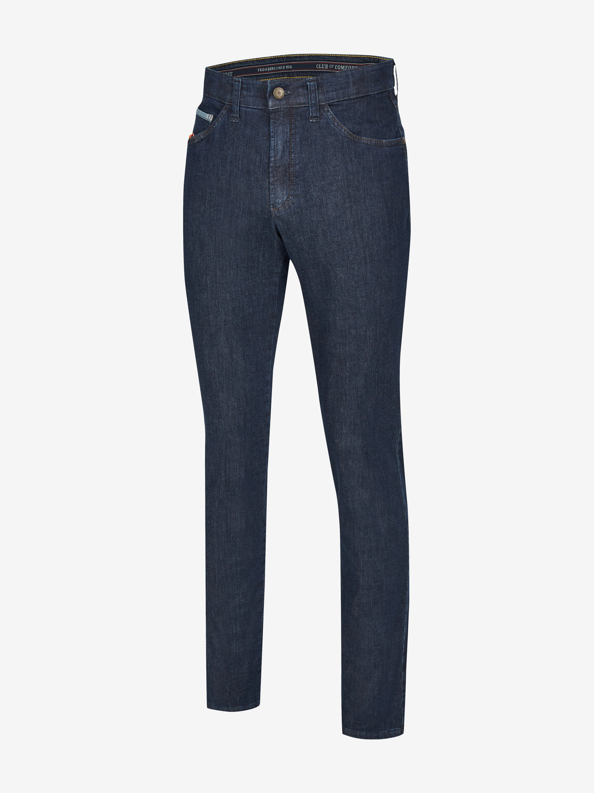 Dunkelblaue 7-Pocket Jeans Hose von Club of Comfort, regular Fit, mit elastischem Doppelstoffbund, Mobile Pocket für Smartphone, Reißverschluss-Leistentasche, aus lichtem, hoch elastischem Super High Stretch-Denim mit PBT-High-Tech-Faser, schlankes Bein, made in Green by Oeko-Tex.