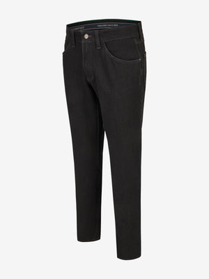 Schwarze Herren-Hose "HENRY-Z7054" von Club of Comfort, aus elastischem Bi-Stretch-Denim mit T400, 6-Pocket, Regular Fit, elastischer Doppelstoffbund, Hemdstopper, separate Mobile Pocket in der rechten Vordertasche, formstabil, mit schmalem Bein und normaler Leibhöhe.