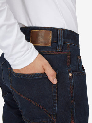 Dunkelblaue HENRY 6822 5-Pocket Jeans von Club of Comfort mit elastischem Komfortbund, Mobile Pocket in rechter Vordertasche, High-Stretch-Denim, Thermolite-Wärmeisolierung, reguläre Leibhöhe, schmaler Beinverlauf, Made in Green by Oeko-Tex, perfekt für Herbst/Winter.