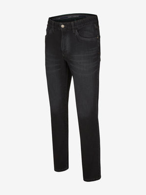 Schwarze Jeanshose "HENRY 7054" von Club of Comfort mit elastischem Doppelstoffbund, Hemdstopper, 6-Pocket-Design inklusive separater "Mobile Pocket" für Smartphone, aus hochelastischem Bi-Stretch-Denim, reguläre Leibhöhe, schmales Bein, langlebig, bequem, ganzjahrestauglich.