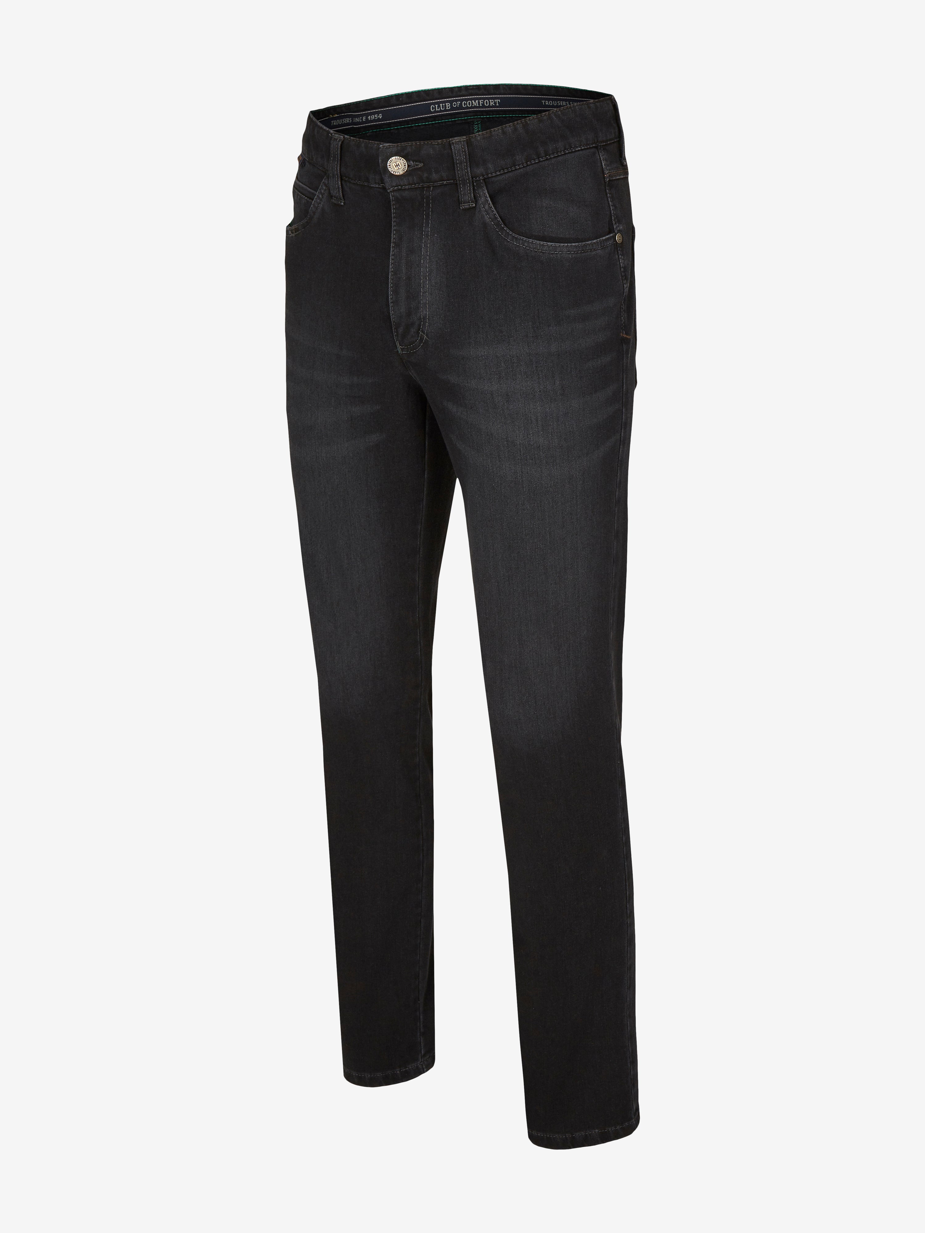 Schwarze Jeanshose "HENRY 7054" von Club of Comfort mit elastischem Doppelstoffbund, Hemdstopper, 6-Pocket-Design inklusive separater "Mobile Pocket" für Smartphone, aus hochelastischem Bi-Stretch-Denim, reguläre Leibhöhe, schmales Bein, langlebig, bequem, ganzjahrestauglich.