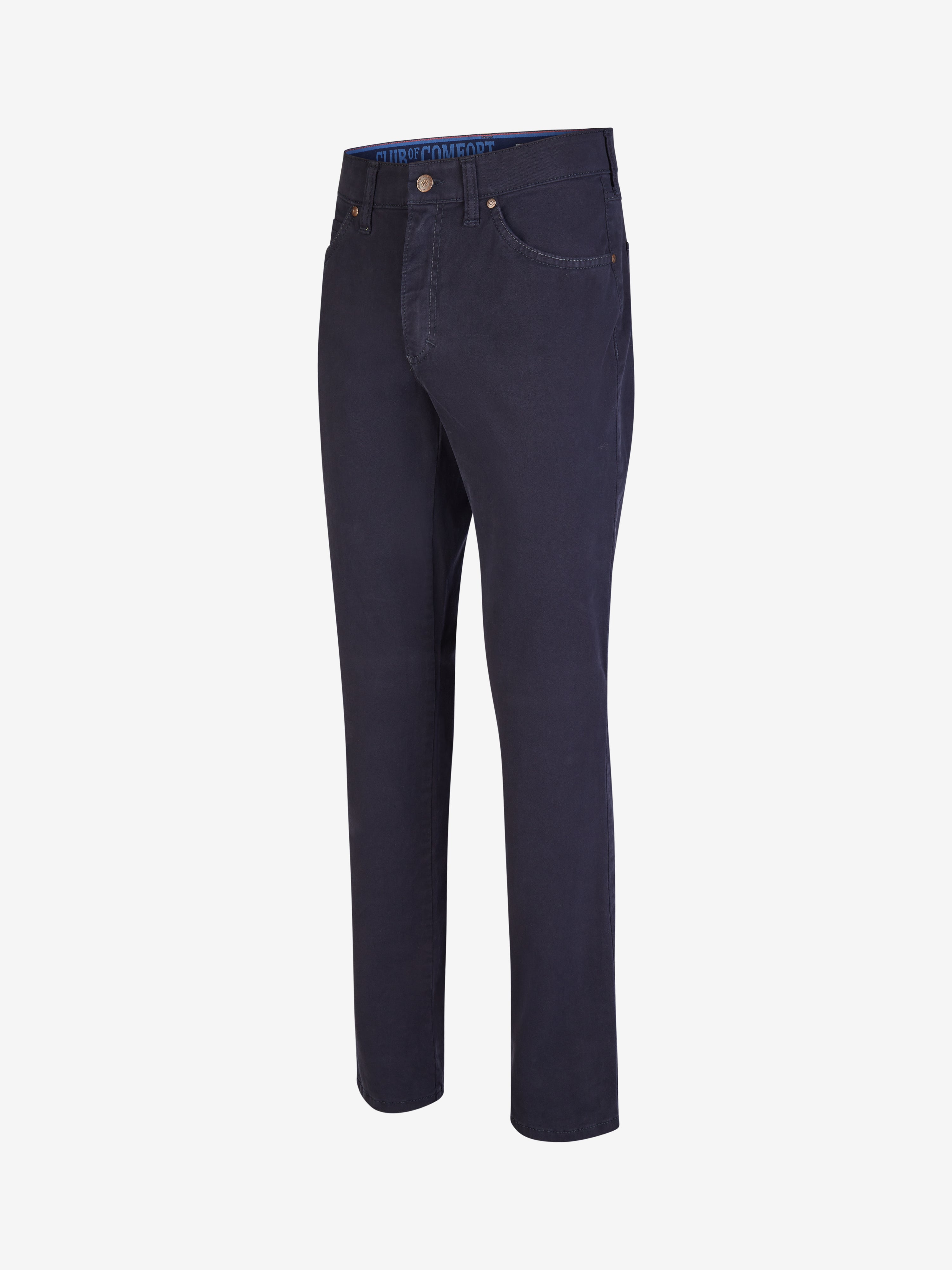 Dunkelblaue HENRY 8070 Damenhose von Club of Comfort mit 6-Pocket-Design, elastischem Doppelstoffbund, Hemdstopper und separater Mobile Pocket in der rechten Vordertasche, aus bi-elastischer Baumwolle mit softem Griff, normaler Leibhöhe, schmalem Bein, regulärer Passform, geeignet für Ganzjahres, mit 360° Stretch, Made in Green by Oeko-Tex.