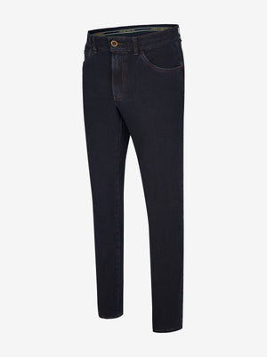 Dunkelblaue Damen-Hose "MARVIN 7054" von Club of Comfort mit Regular Fit, modischer 5-Pocket-Form, elastischem Comfortbund, Swing-Pocket, formstabilem Bi-Stretch-Denim, 360° Stretch, T400-Beimischung, normaler Leibhöhe, schmalem Bein, ideal für Ganzjahreswear, OEKO-TEX-zertifiziert.