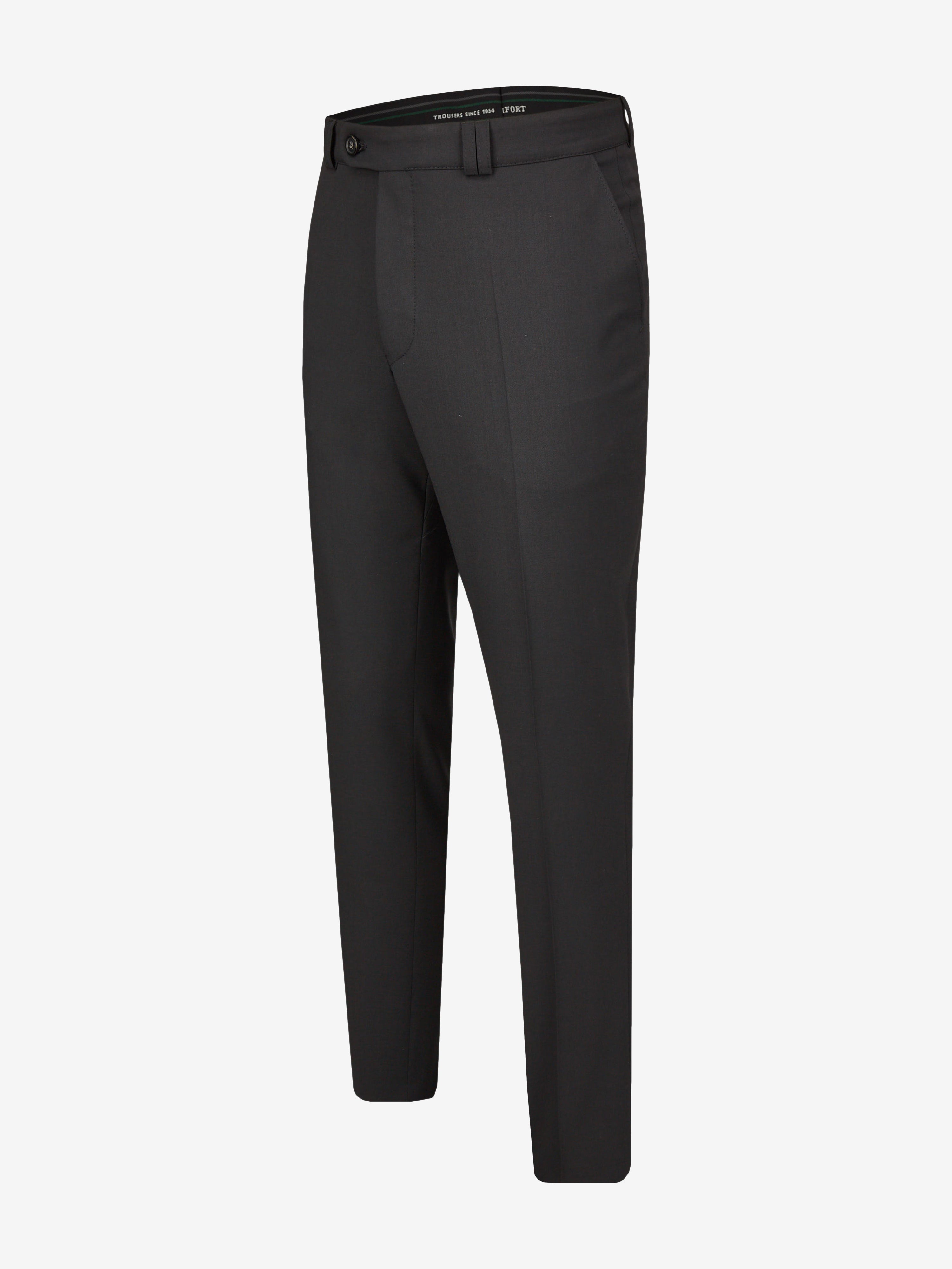 Schwarze SANTOS 2590 Flat Front-Hose mit elastischem Komfortbund, Hemdenstopper, geradem Bein, aus maschinenwaschbarer Woll-Misch-Qualität, in K-Größen, Regular Fit, ideal für Ganzjahreszeit, hergestellt von Club of Comfort.