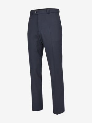 Bequeme dunkelblaue Flat Front-Hose von Club of Comfort mit elastischem Komfortbund, Hemdenstopper, Bundverlängerung mit Knopf und Haken, gefertigt aus maschinenwaschbarer Woll-Mischqualität, normaler, niedriger Leibhöhe, geradem Bein, geeignet für Ganzjahres-Saison, Modell SANTOS 2590.