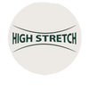 Das Bild zeigt ein Logo mit dem Text "HIGH STRETCH" in dunkler Schrift, die leicht gewölbt ist. Über und unter dem Text verlaufen dünne, geschwungene Linien. Der Hintergrund ist hell, das Design ist schlicht und professionell.