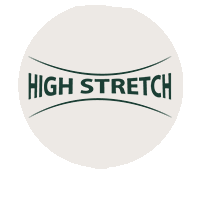 Das Bild zeigt ein Logo mit dem Text "HIGH STRETCH" in dunkler Schrift, die leicht gewölbt ist. Über und unter dem Text verlaufen dünne, geschwungene Linien. Der Hintergrund ist hell, das Design ist schlicht und professionell.