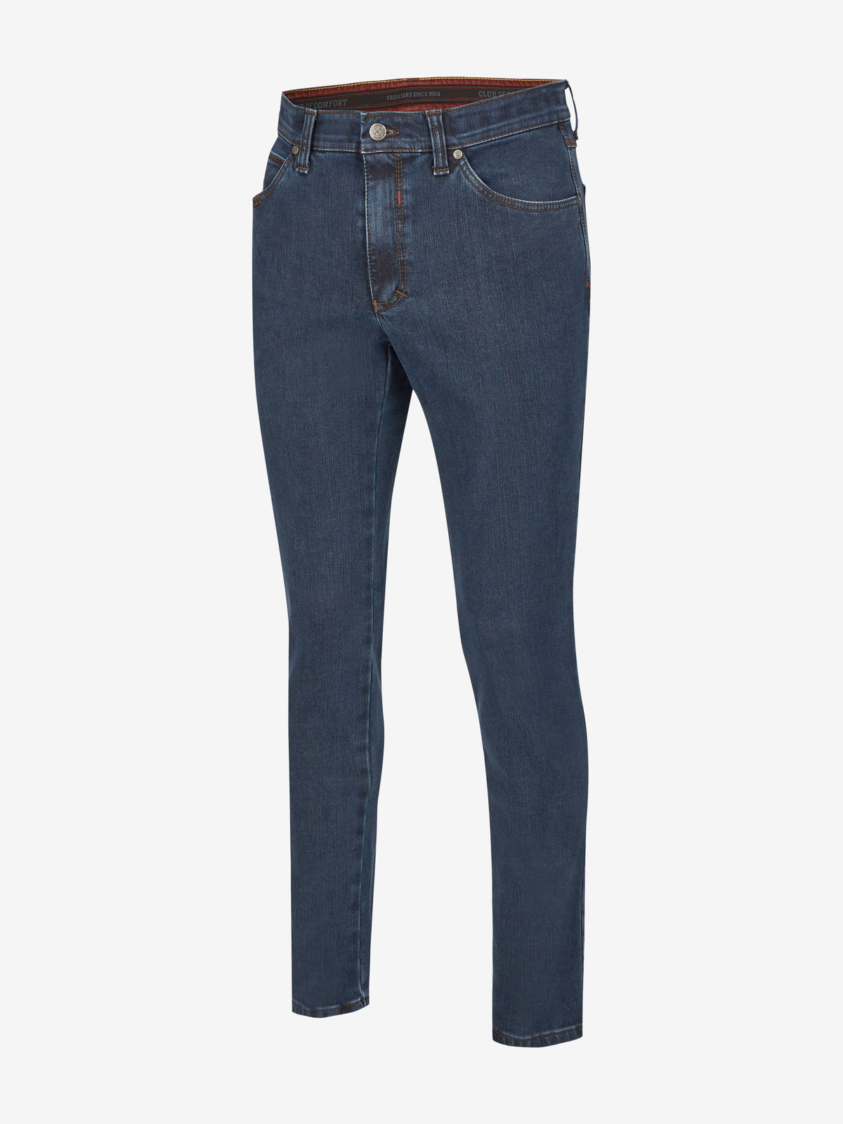 Detailliertes Bild einer Jeanshose "HENRY 6822" in jeansblau von Club of Comfort, mit elastischem Komfortbund, 6 Taschen, Mobile Pocket in der rechten Vordertasche, robuster High-Stretch-Denim, Thermolite-Wärmeisolierung, normaler Leibhöhe, schlanker Beinverlauf, pflegeleicht, geeignet für Herbst/Winter, Gewicht 560 g/lfm, Made in Green by Oeko-Tex.